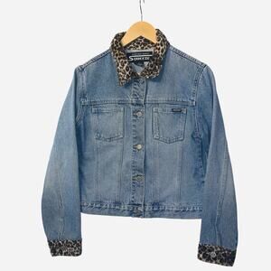 Y2K VTG Blue Jean Faux Fur Leopard Cheetah Animal Collar Cuff Denim Jacke M